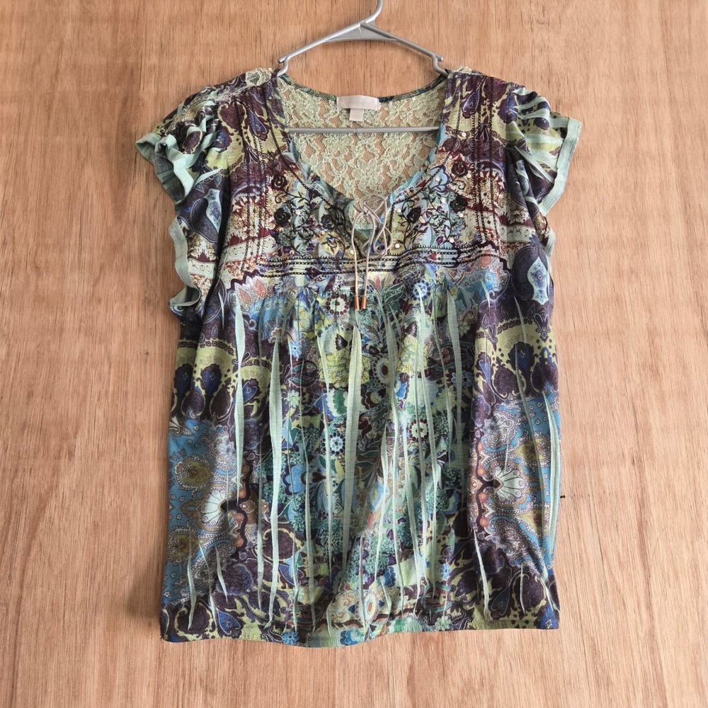 Cottagecore Paisley Sheer Lace Yoke Blouse Women's Size L Studded Boho Peasant